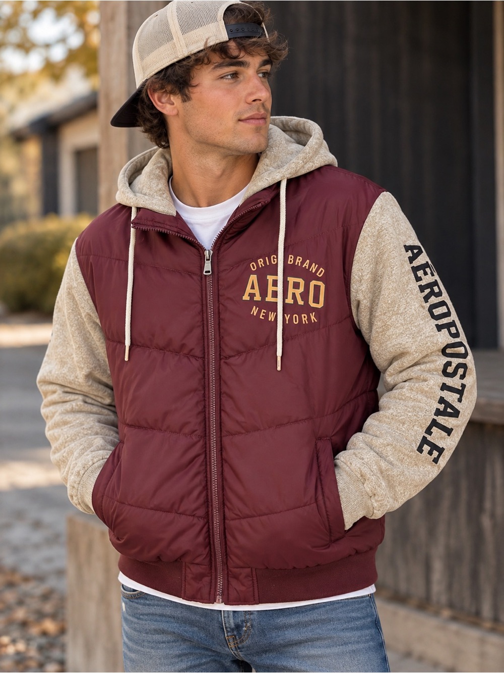 Aeropostale XL Burgundy Puffer Hoodie Jacket Mixed Media Full Zip Logo